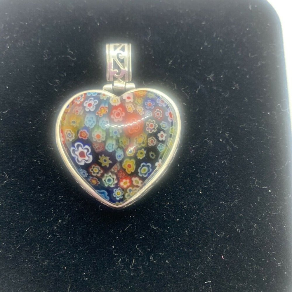 Vintage Sterling Silver Heart Shaped Pendant W/Multi Colored Flowers